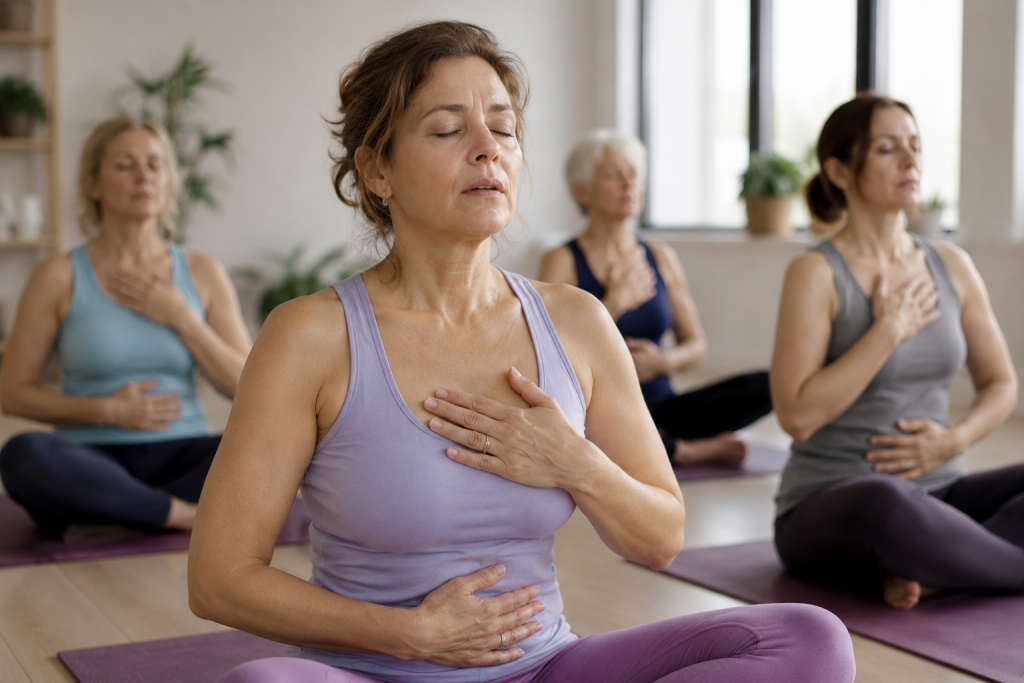femme 50 ans pratiquant le yoga menopause